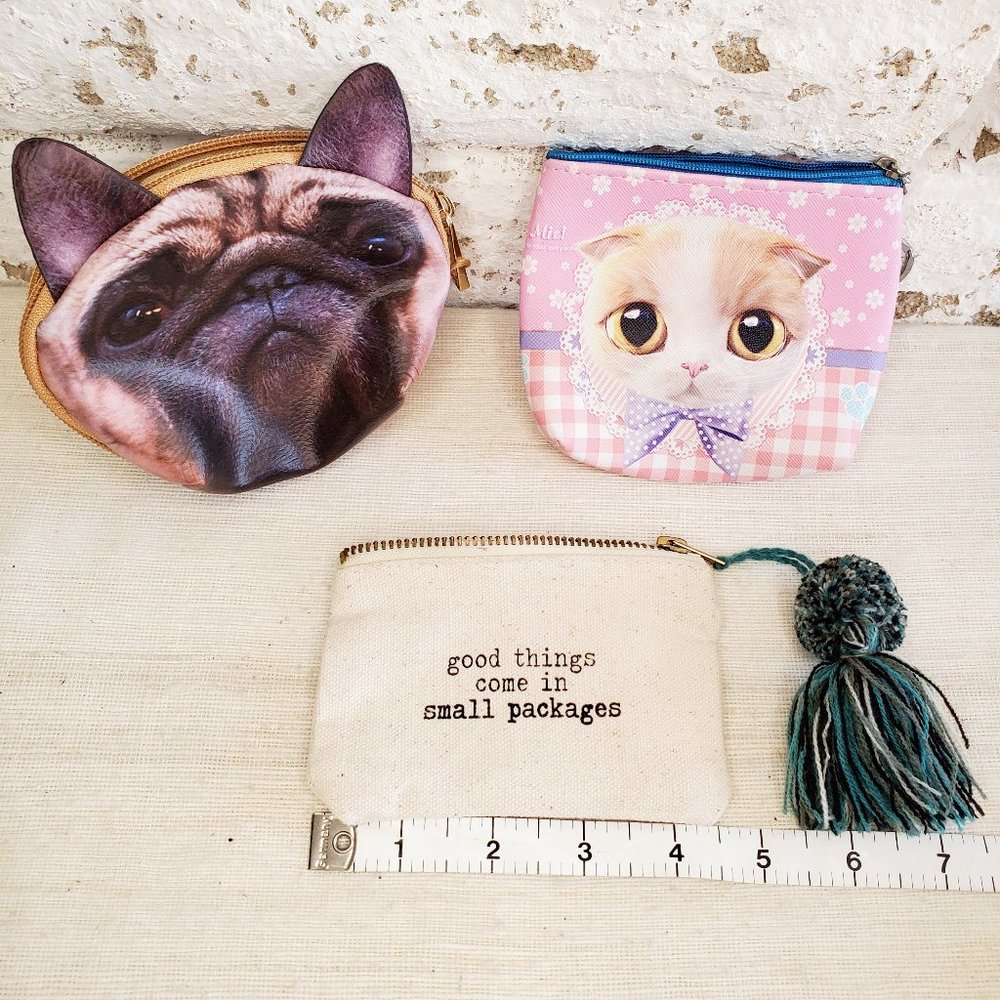 NEW Small Animal Change Purse Pouches Cat Pug Dog | Lot Set x3